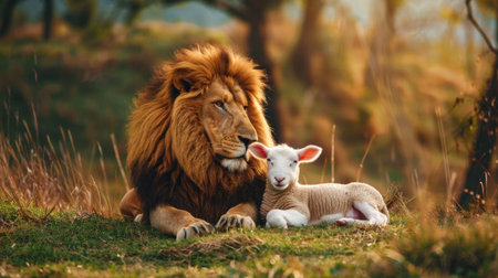 Lion and lamb in nature, representing religious faith, peaceful coexistence.の素材