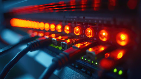 Internet modem and router closeup, wireless network device with status LEDs glowing.の素材