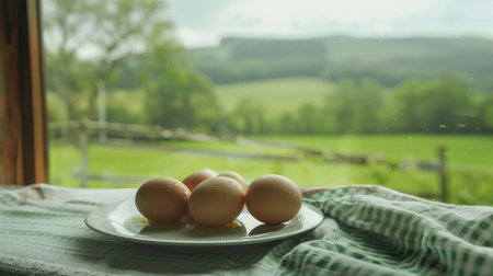 Organic eggs on plate, country house window, green meadow view.の素材