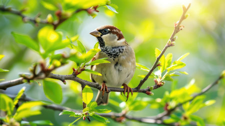 Closeup of a sparrow bird on a vibrant green branch in spring, illustrating wildlife in its natural habitat.の素材