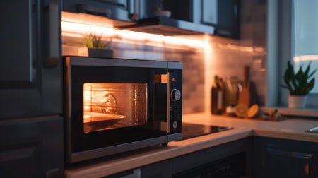 Microwave oven in modern luxury kitchen, electrical technology equipment.の素材