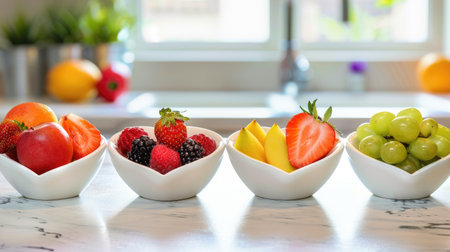 Various fresh fruits displayed in heart-shaped cups on a kitchen table, symbolizing nutrition and healthy food choices.の素材