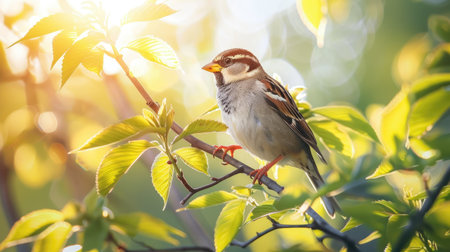 Sparrow sitting on a leafy tree branch during sunny days, embodying the beauty of nature and wildlife photography.の素材