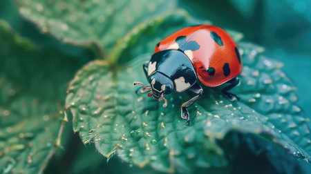 Closeup of a ladybug on green leaves, showcasing natural wildlife and macro photography of this charming insectの素材