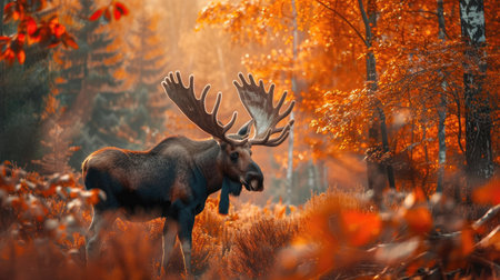 Horned moose in autumn, forest nature, orange trees, morning sceneの素材