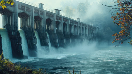 Industrial water dam with river, renewable energy reservoir, engineering marvel.の素材