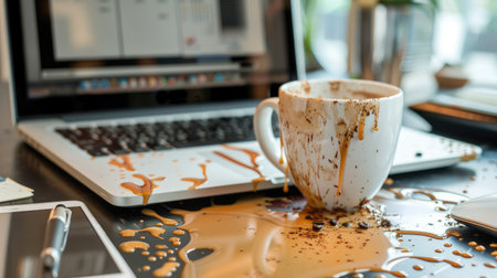 Spilled coffee mug on a notebook computer, creating a mess on an office table, with ample copy space for creative projects.の素材
