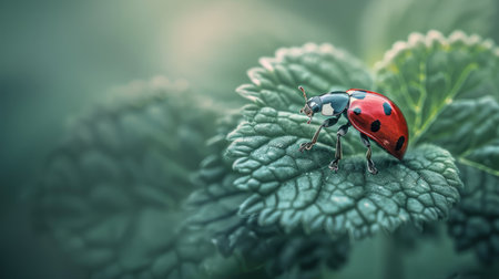 Detailed view of a ladybug on a green leaf, highlighting the intricacies of nature and macro photography.の素材