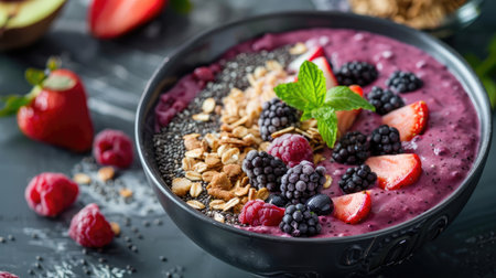 A close-up of a smoothie bowl with acai, granola, and fresh fruit, highlighting a nutritious breakfastの素材