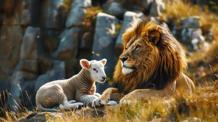 Outdoor scene: lion and lamb side by side, Christian symbolism, faith imagery.の素材