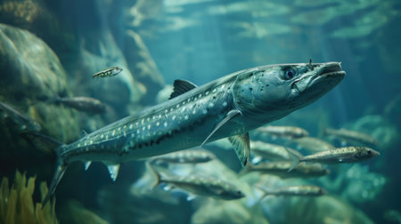 Barracuda swimming with small fishの素材