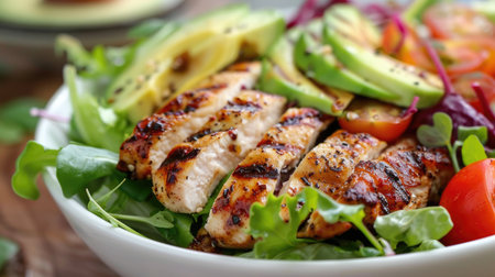 A close-up of a bowl of mixed greens with grilled chicken and avocado, representing a balanced mealの素材