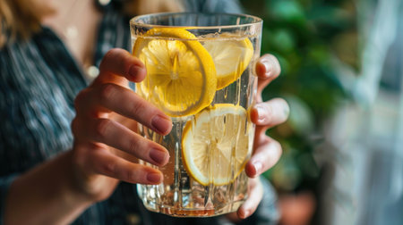 A person holding a glass of water with lemon slices, emphasizing hydration and detoxificationの素材