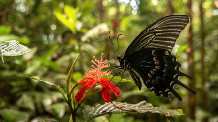Butterfly feeding on a bright red flower in a tropical forestの素材