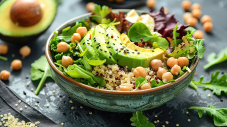 A fresh green salad with quinoa, chickpeas, and avocado in a bowl, highlighting a balanced and nutritious mealの素材