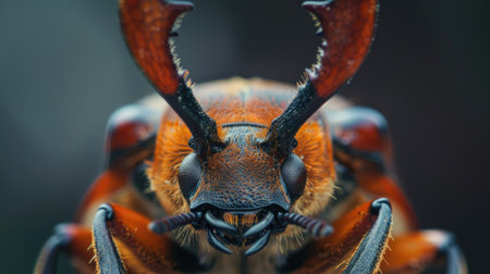 Close-up of a beetle with impressive horns on its headの素材