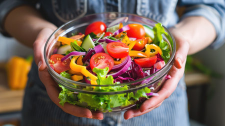 Close-up of a person holding a bowl of fresh salad with various colorful vegetables, representing a healthy diet and lifestyleの素材
