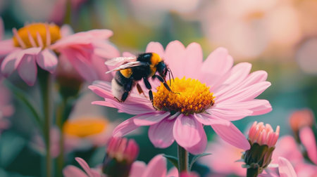 Bumblebee pollinating a bright pink flowerの素材