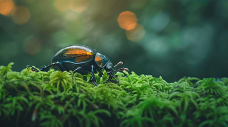 Beetle crawling on a mossy forest floorの素材