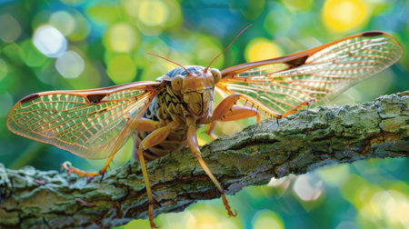 Cicada sitting on a tree branch with its wings spread openの素材