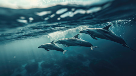 A pod of dolphins swimming near the surfaceの素材