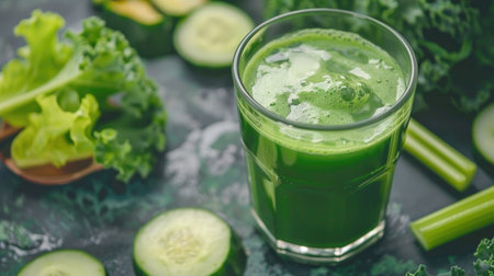 A fresh green juice in a glass with ingredients like kale, cucumber, and celery on the side, promoting a detox drinkの素材