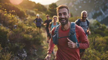 A group of friends running together on a scenic trail, showcasing the social and physical benefits of outdoor exerciseの素材
