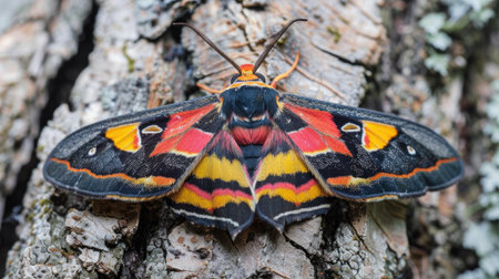 Close-up of a brightly colored moth resting on a tree barkの素材