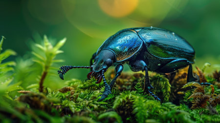 Beetle crawling on a mossy forest floorの素材
