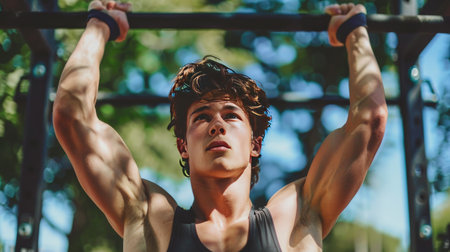 A young man doing pull-ups on a bar in an outdoor gym, representing strength training and fitnessの素材