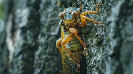 Cicada emerging from its exoskeleton on a tree trunkの素材