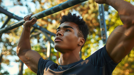 A young man doing pull-ups on a bar in an outdoor gym, representing strength training and fitnessの素材