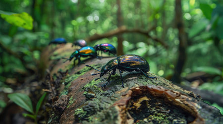 Beetles with iridescent shells crawling on a rotting log in the forestの素材