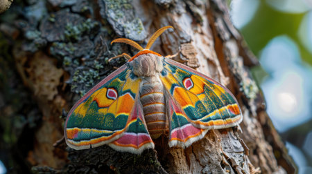 Close-up of a brightly colored moth resting on a tree barkの素材