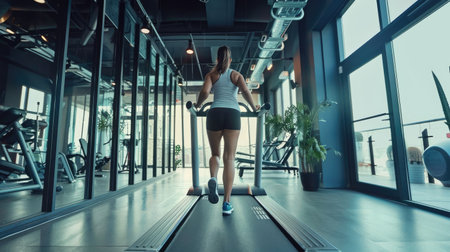 A person running on a treadmill in a modern gym, representing indoor exercise and fitness goalsの素材