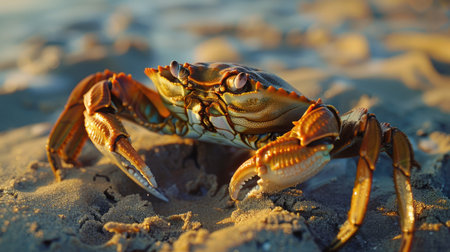 Close-up of a crab on a sandy ocean floorの素材