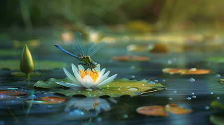 Dragonfly perched on a lily pad in a pondの素材