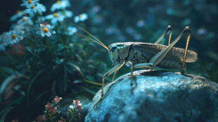 Close-up of a cricket sitting on a rock in a nighttime gardenの素材