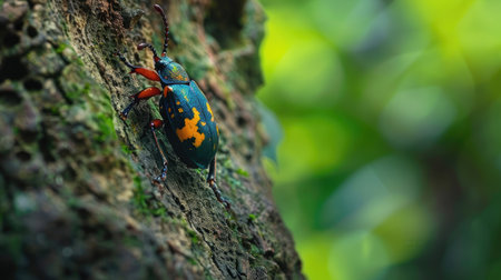 Colorful beetle crawling on a tree trunk in an Amazon rainforestの素材