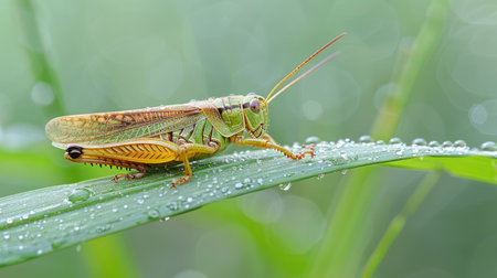 Grasshopper resting on a dewy blade of grassの素材