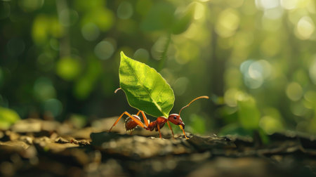 Close-up of an ant carrying a leaf in the forestの素材