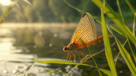 Mayfly resting on a blade of grass by a calm riverの素材