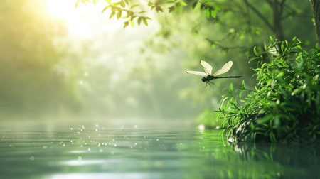 Dragonfly in flight over a calm riverの素材