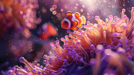 Close-up of a sea anemone with clownfishの素材