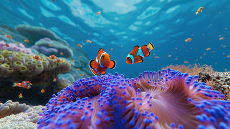 Pair of clownfish swimming among sea anemonesの素材
