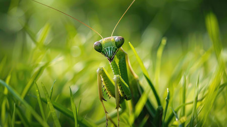 Praying mantis camouflaged in the grassの素材