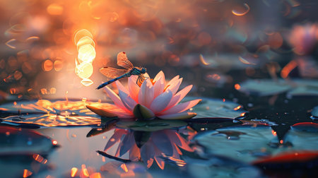 Dragonfly resting on a lily pad in a serene pond during sunsetの素材