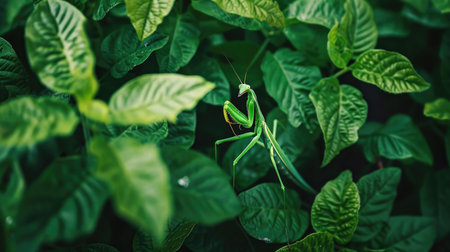 Praying mantis hidden among green leavesの素材