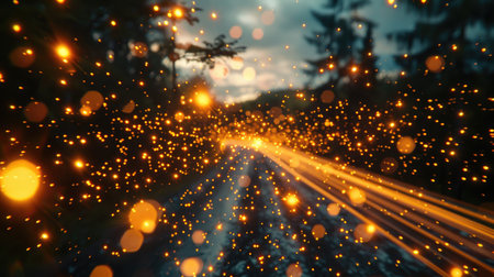 Swarm of fireflies creating light trails in the night skyの素材