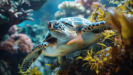 Sea turtle nibbling on seaweed in a coral reefの素材
